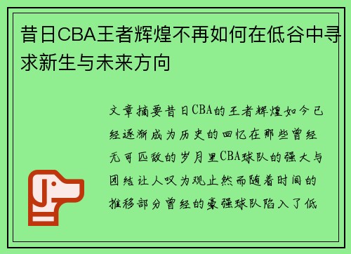 昔日CBA王者辉煌不再如何在低谷中寻求新生与未来方向