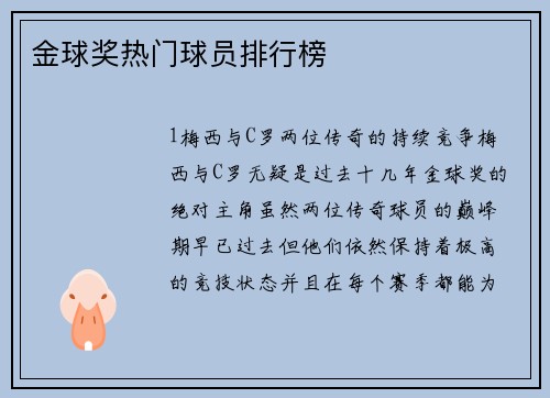 金球奖热门球员排行榜